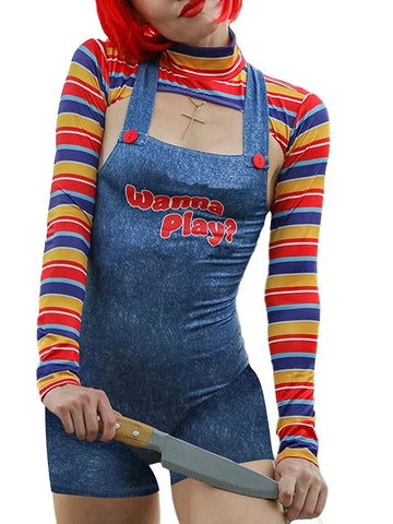 Women 2 Pcs Halloween Costumes Scary Nightmare Killer Doll Wanna Play Movie Character Bodysuit Chucky Doll Cosplay Costume Set - Charlie Dolly