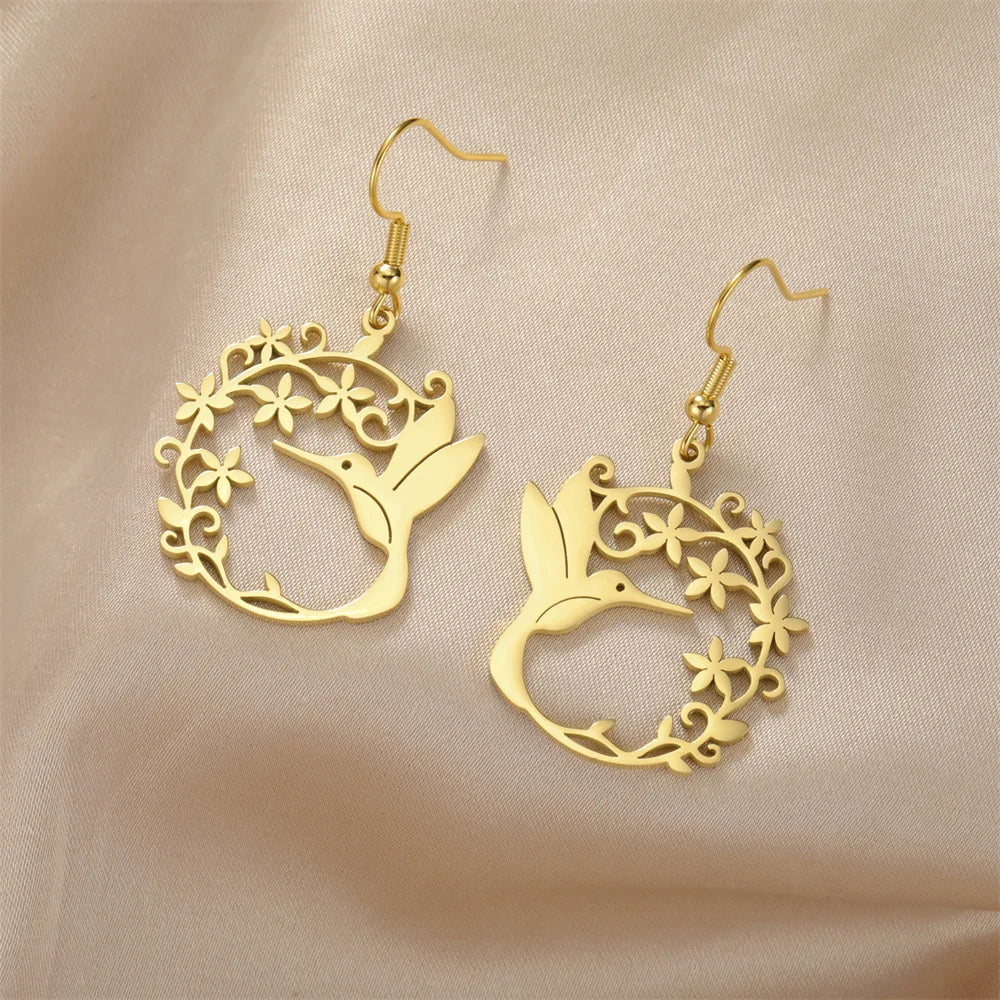Hummingbird Filigree Flower Dangle Earrings Jewelry