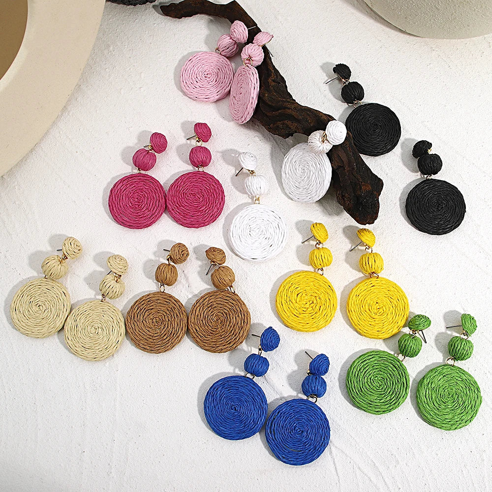 Yellow Raffia Knit Round Drop Earrings Jewelry