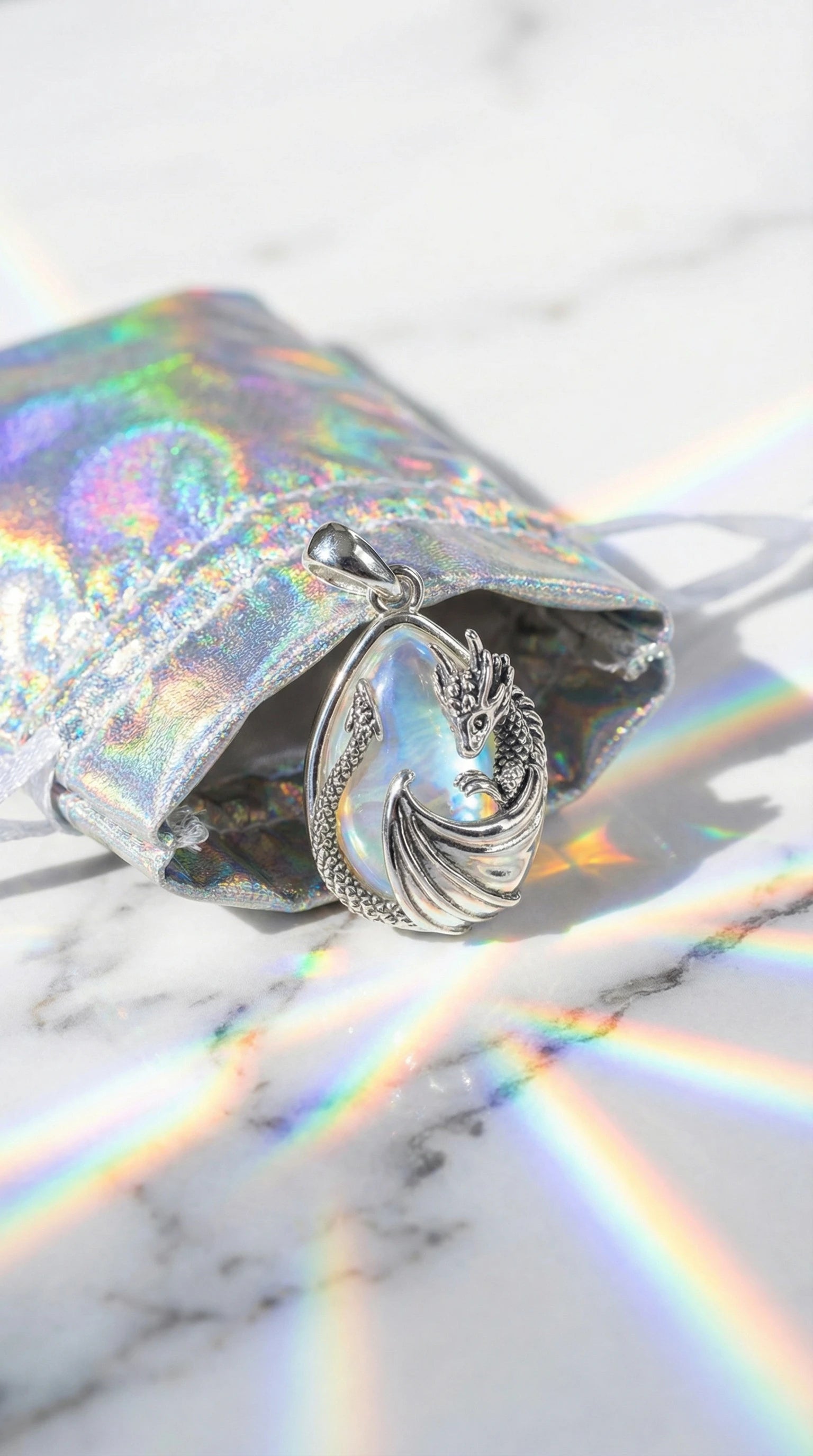 Moonstone Dragon Crescent Pendant Necklace, Celestial Guardian Amulet