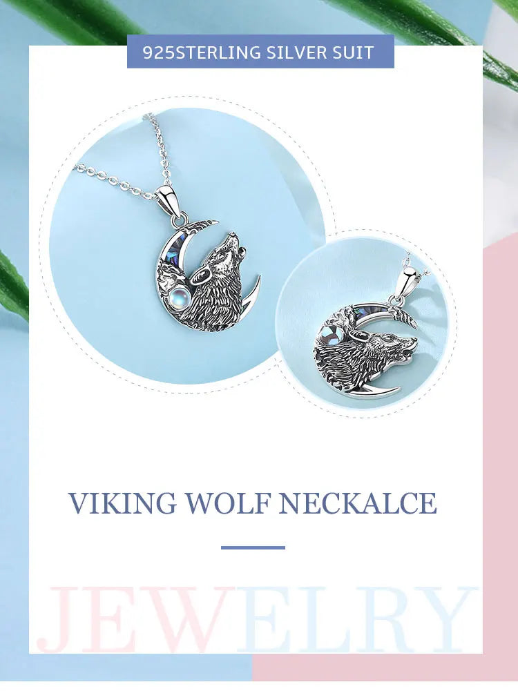 Wolf on the Moon Necklace with Moonstone, S925 Sterling Silver