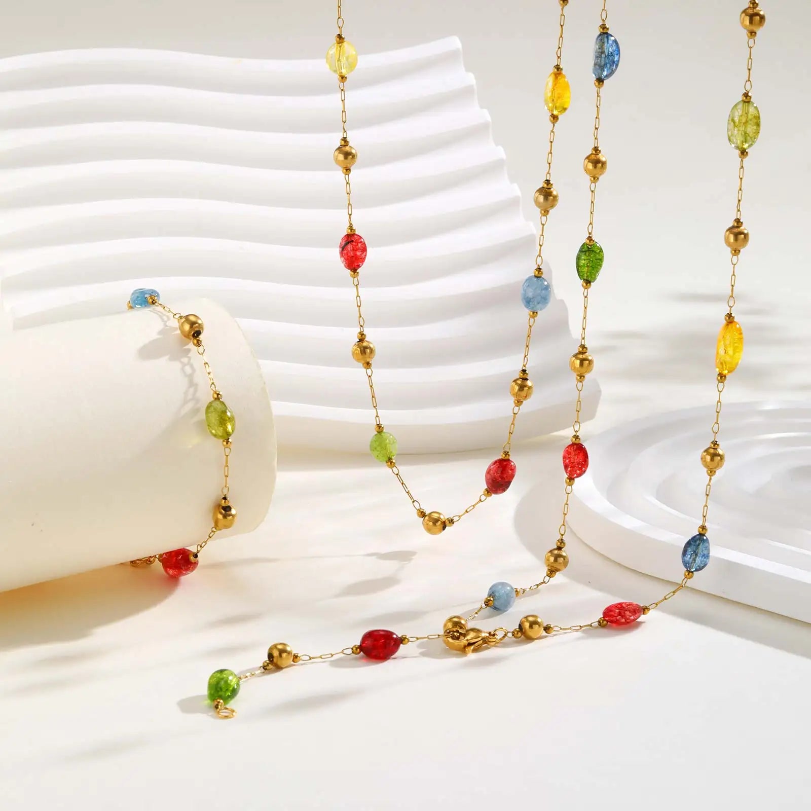 Rainbow Gemstone Y-Chain Boho Necklace & Bracelet