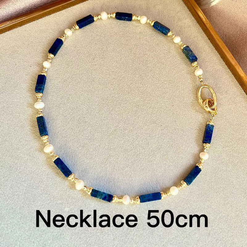 Exclusive Design Personalized Natural Freshwater Pearl Lapis lazuli Necklace Bracelet Earrings Copper Plated 14k Gold Accessorie - Charlie Dolly