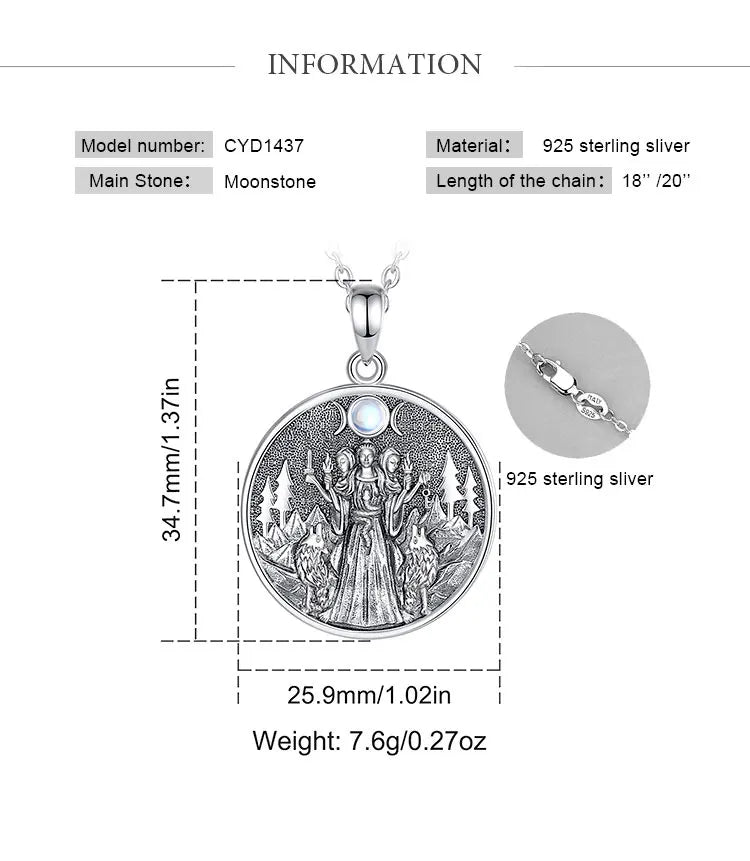 S925 Sterling Silver Hecate & Dog Pendant Necklace, Triple Moon Goddess Moonstone Amulet