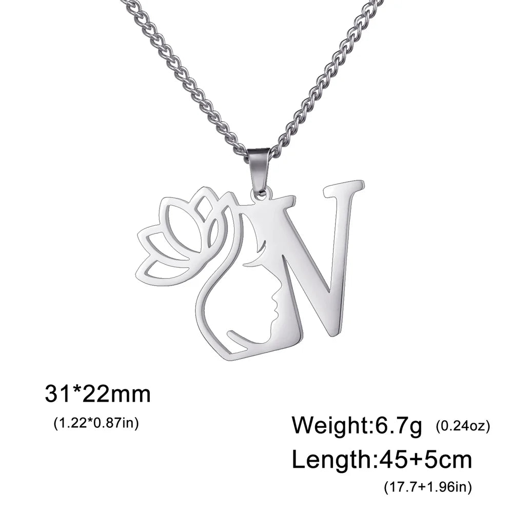 Lotus Flower Initial Letter Pendant, Personalized Stainless Steel Necklace
