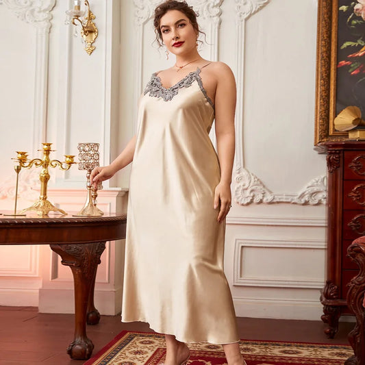 Sexy Sleepwear Women Lace Silk Satin Sleeveless Nighties Summer V-neck  Suspender Thin Long Imitation Silk Nightgown - Charlie Dolly