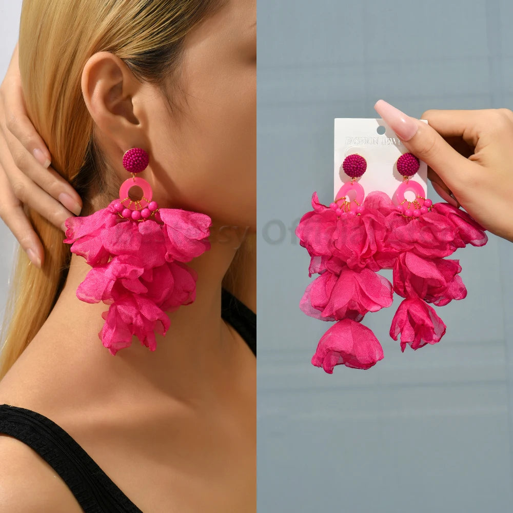 Acrylic Bead Yarn Petal Long Dangle Earrings Jewelry