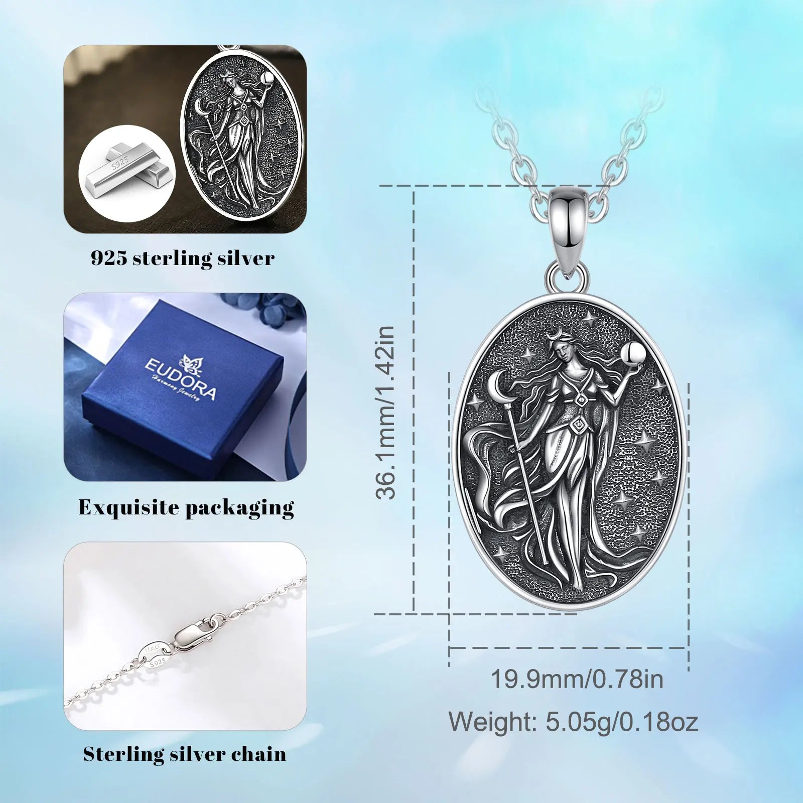 S925 Sterling Silver Nyx Moon Goddess Pendant Necklace, Dark Goddess of Night Wicca Amulet