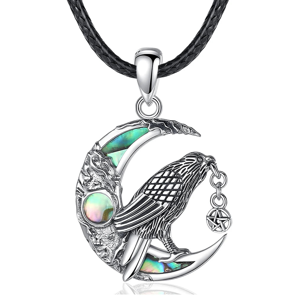 Sterling Silver 925 Viking Raven & Pentagram Moon Necklace, Abalone Shell Amulet