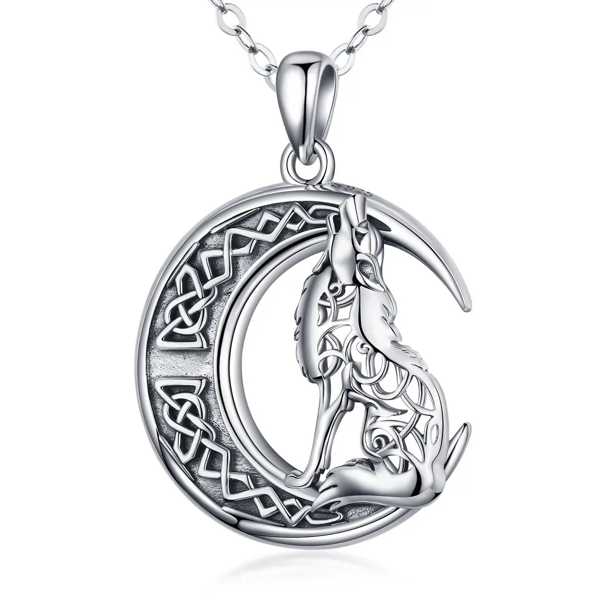 S925 Sterling Silver Wolf & Moon Pendant Necklace, Valknut Odin Norse Viking Amulet