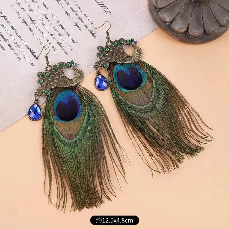 Peacock Feather Long Statement Earrings Jewelry