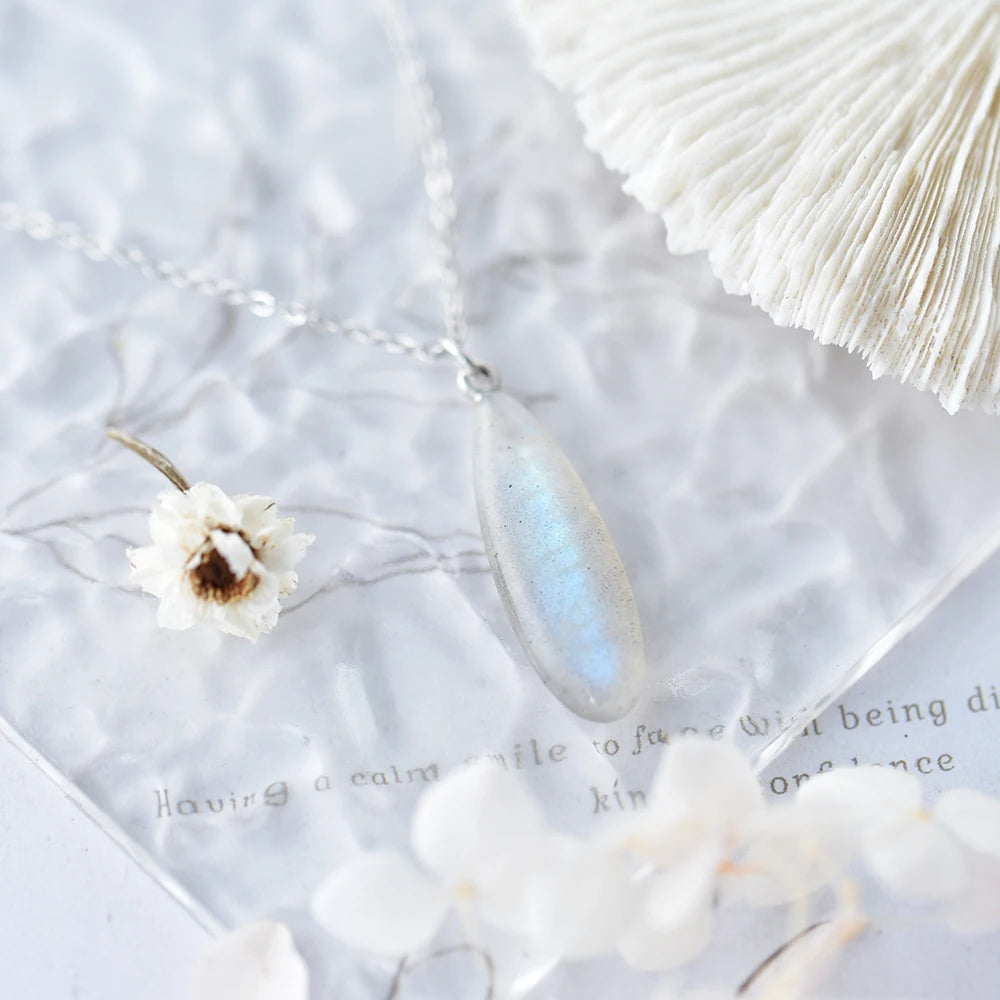 Labradorite Raw Crystal Teardrop Pendant Necklace, Moon Goddess Protection Stone