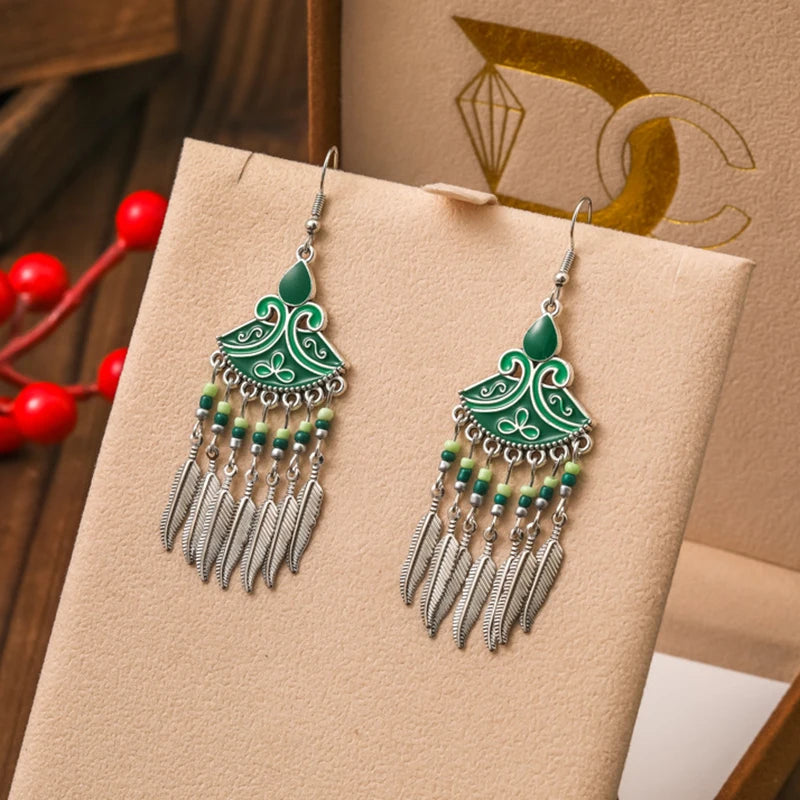 Green Enamel Feather Crystal Drop Earrings Jewelry