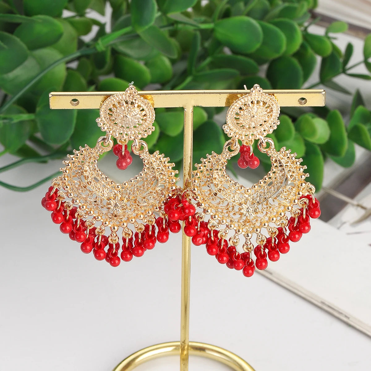 Gold Carved Heart Pink Bead Jhumka Earrings Jewelry