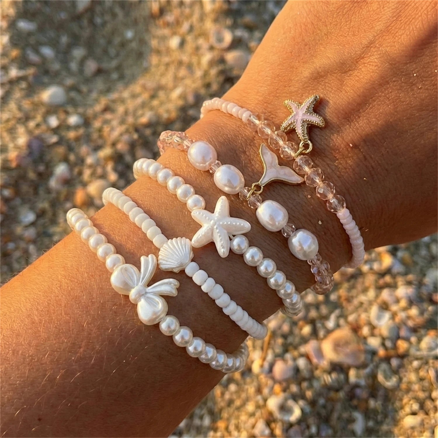Shell and Starfish Pearl Beaded Stackable Bracelet Set (6 Pieces)
