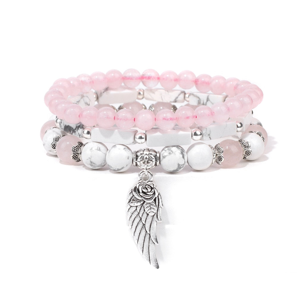 Handmade Silver Color Rose Angel Wing Pendant Bracelet Natural Pink Quartz Crystal Beads Charm Bracelet Women Romantic Jewelry