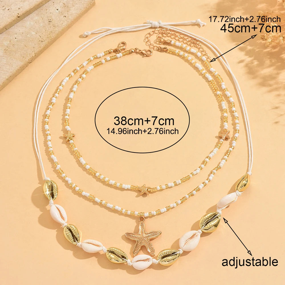 Three Layered Cowrie Shell and Starfish Boho Necklace