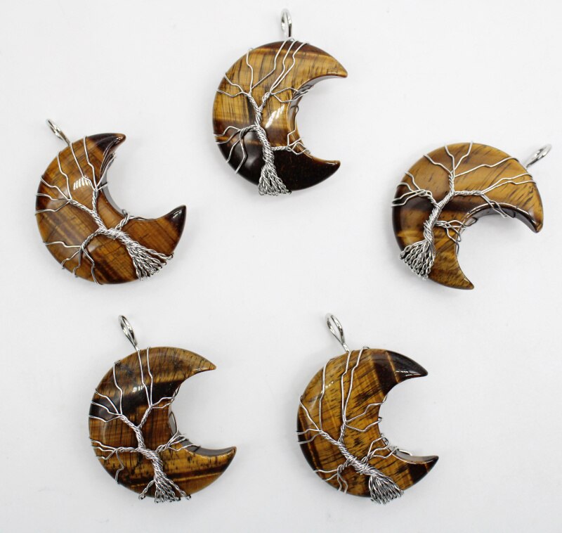 7 Chakras Tree of Life Necklace Wire Wrap Crescent Moons Amethyst Crystal Pendants Quartz Natural Stone Agates Aventurine Make