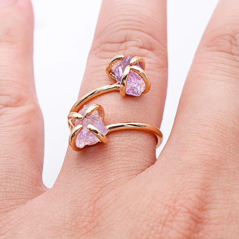 Irregular Amethyst Crystal Open Ring for Women Girls Claw Setting Gold-color Boho Natural Stone Finger Jewelry Resizable - Charlie Dolly