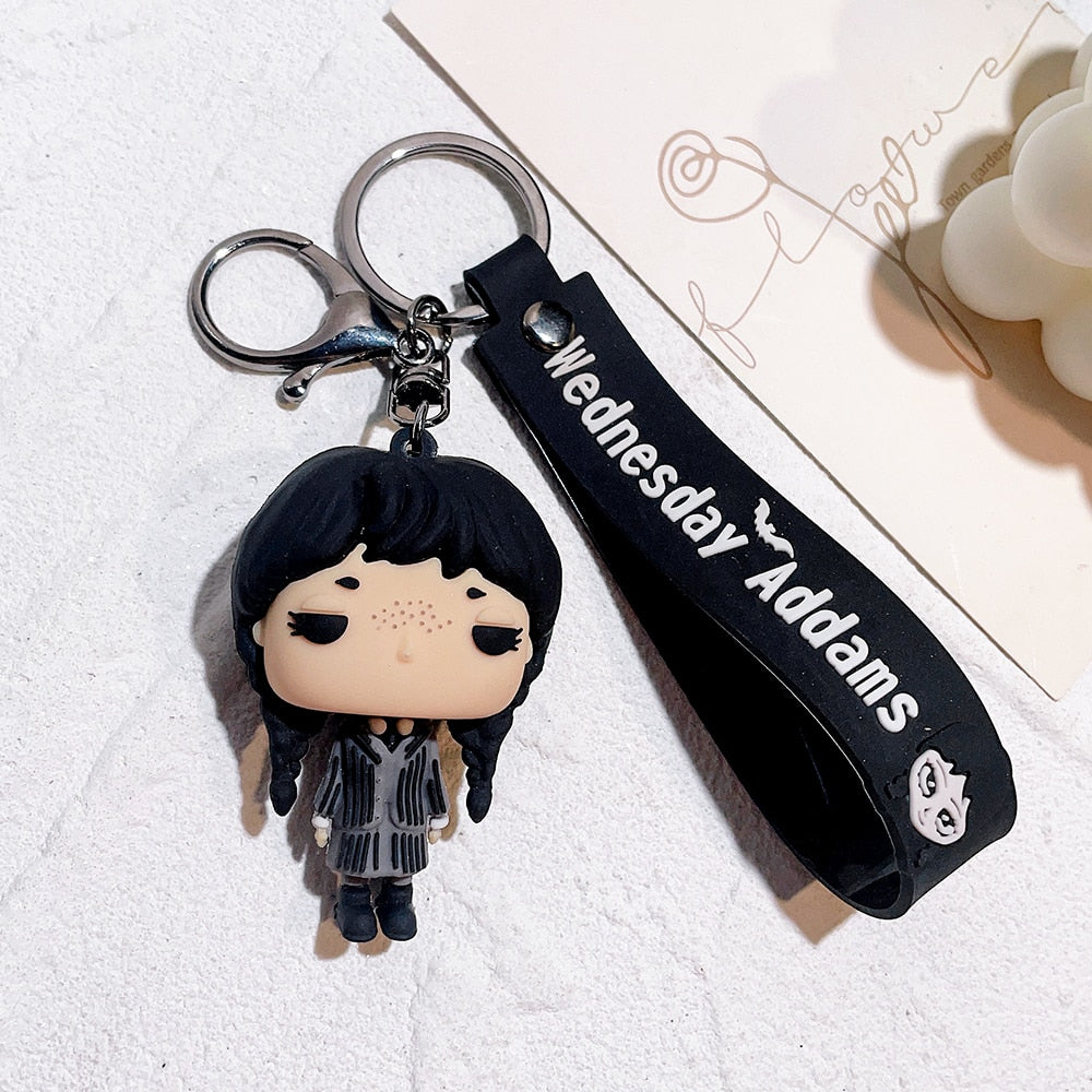 Trend Movie Addams 3d Keychain Wednesday Addams Pendant Keyrings Cartoon Figure Keyholder Backpack Car Key Keychains Accessories