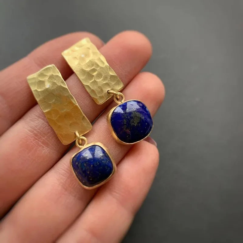 Boho Lapis Lazuli Square Shape Drop Dangle Earrings Retro Style Golden Women's Jewelry - Charlie Dolly
