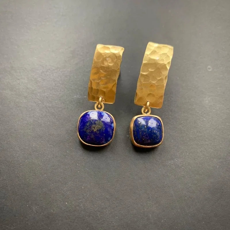 Boho Lapis Lazuli Square Shape Drop Dangle Earrings Retro Style Golden Women's Jewelry - Charlie Dolly