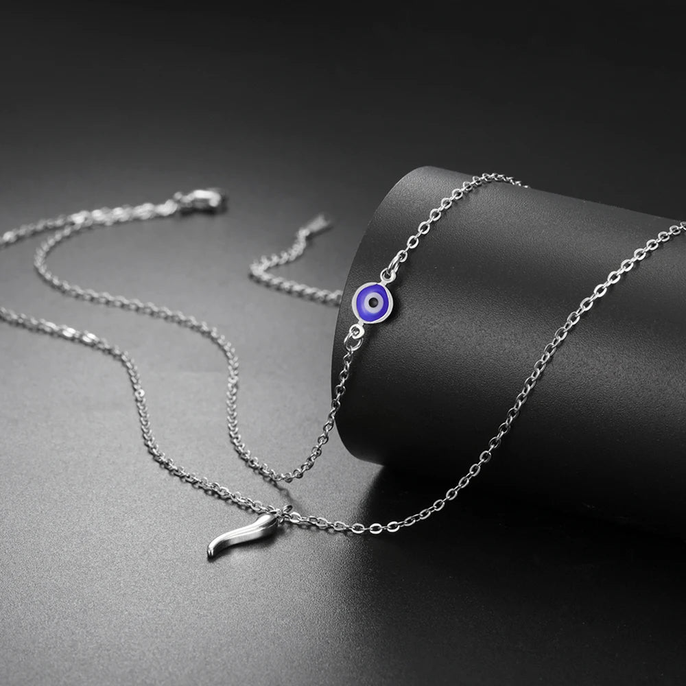 Italian Horn & Evil Eye Double Layer Necklace, Spiritual Protection Amulet