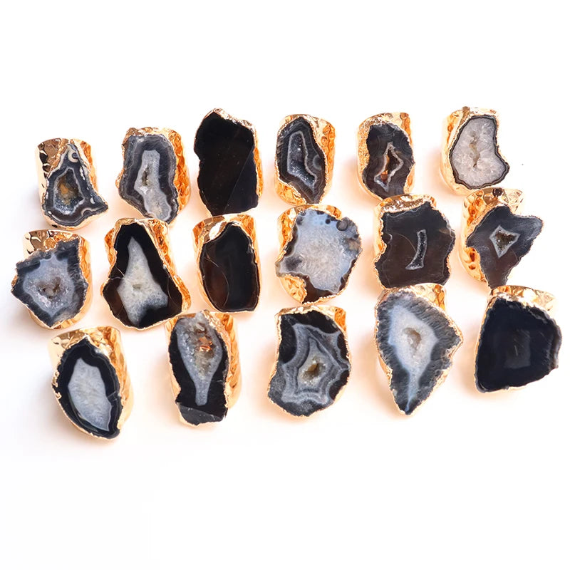 Irregular Geode Stone Agate Slices Open Ring Unisex Black Color Boho Resizable Finger Jewelry - Charlie Dolly