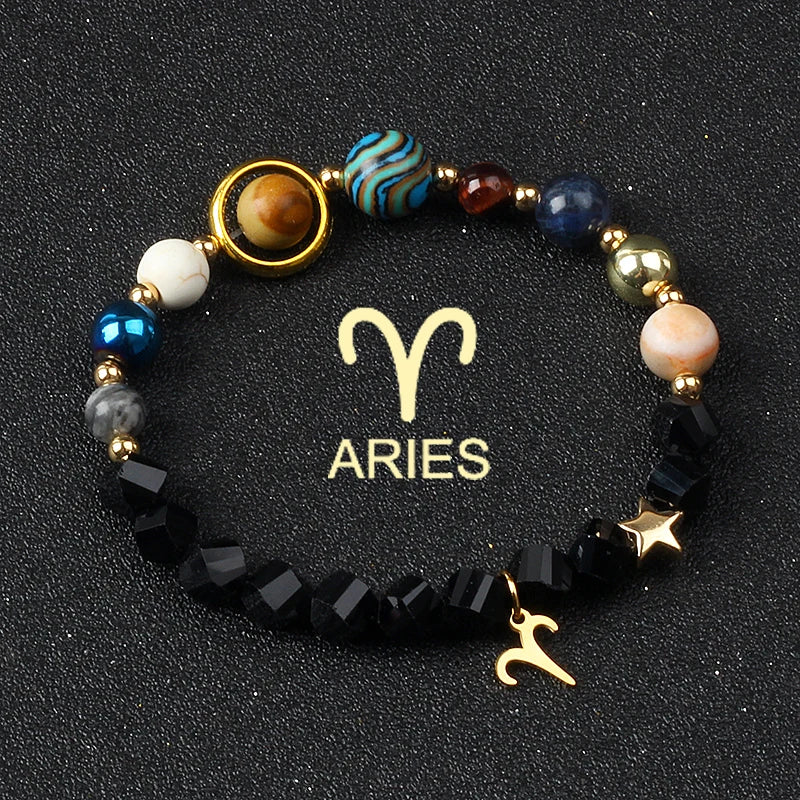 Eight Planets & Twelve Zodiac Beaded Bracelet, Natural Stone Cosmic Astrology Talisman