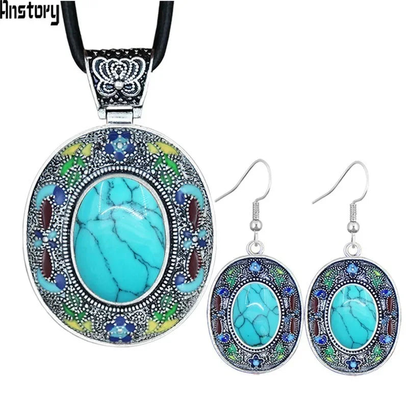 Vintage Oval Lapis Lazuli Jewelry Sets Natural Tiger Eey Unakite Quartz Necklace Earrings Bohemia Fashion Jewelry TS456 - Charlie Dolly