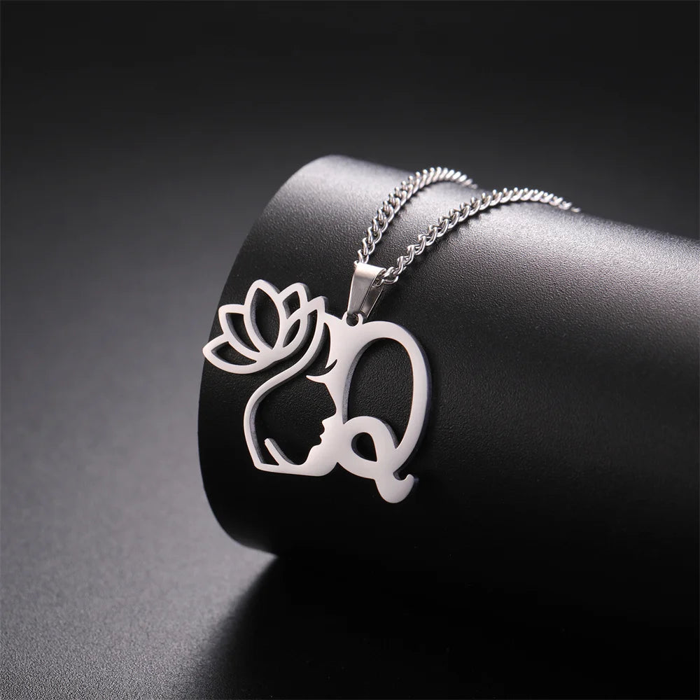 Lotus Flower Initial Letter Pendant, Personalized Stainless Steel Necklace