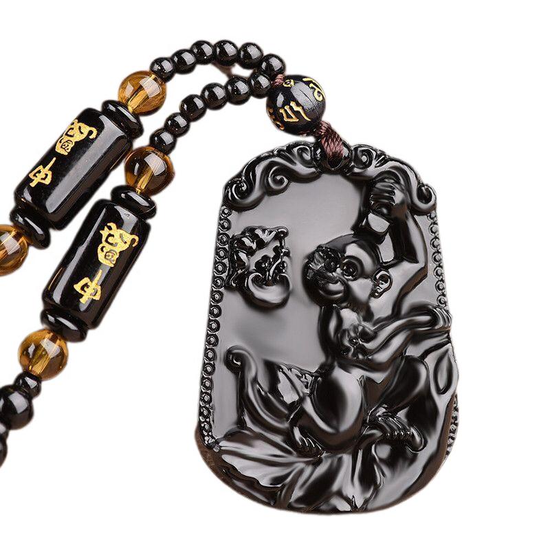 Fashion Frosted Obsidian Sakyamuni Buddha Head Charm Men and Women Amulet Necklace Buddhist Religious Jewelry