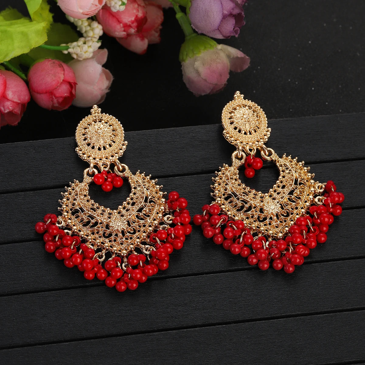 Gold Carved Heart Pink Bead Jhumka Earrings Jewelry