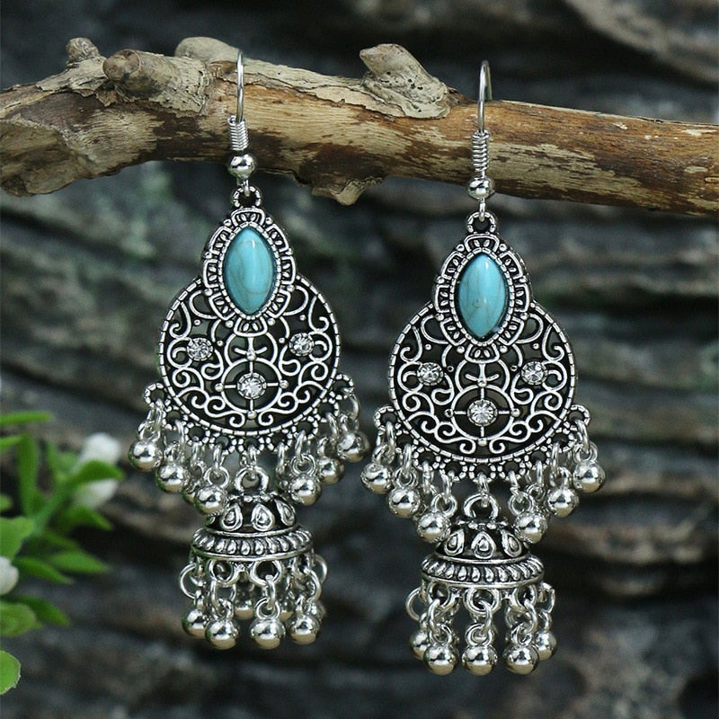 53 Styles Bohemian Vintage Tibetan Silver Geometric Drop Earrings For Women Ethnic Blue Stone Tassel Dangle Earrings Jewelry