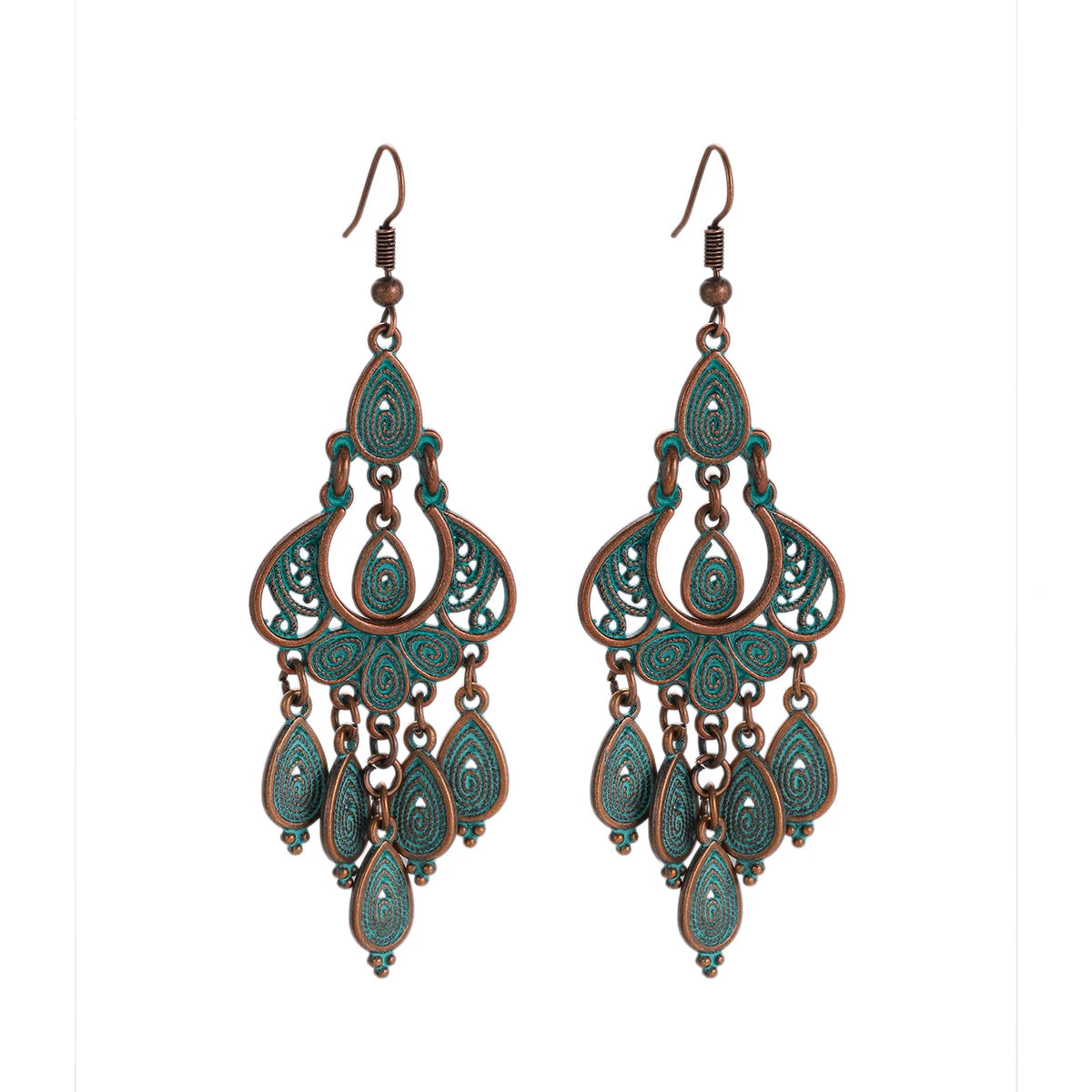 أقراط متدلية مصنوعة من سبائك البرونز العتيق للنساء أقراط Jhumka الهندية ذات سلسلة طويلة بوهو تريبل