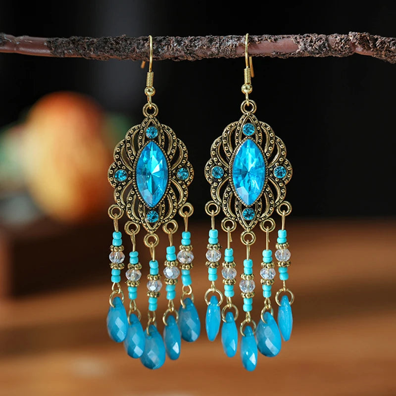 Blue Enamel Feather Crystal Long Earrings Jewelry