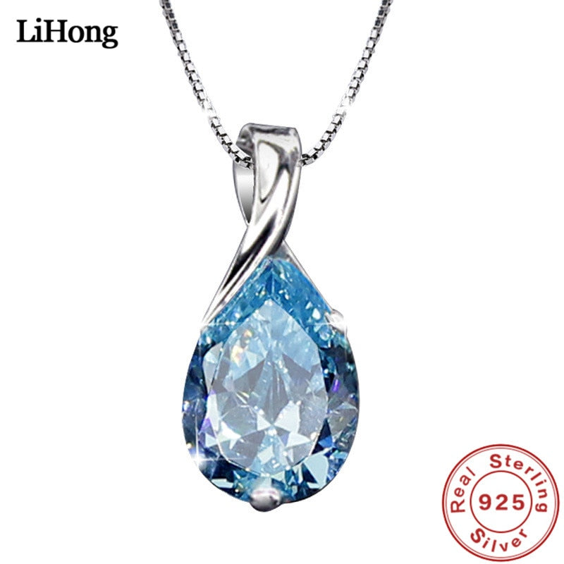 LiHong S925 Sterling Silver Necklace Angel Tears Crystal Blue Pendant Necklace for Woman Charm Jewelry Gift - Charlie Dolly