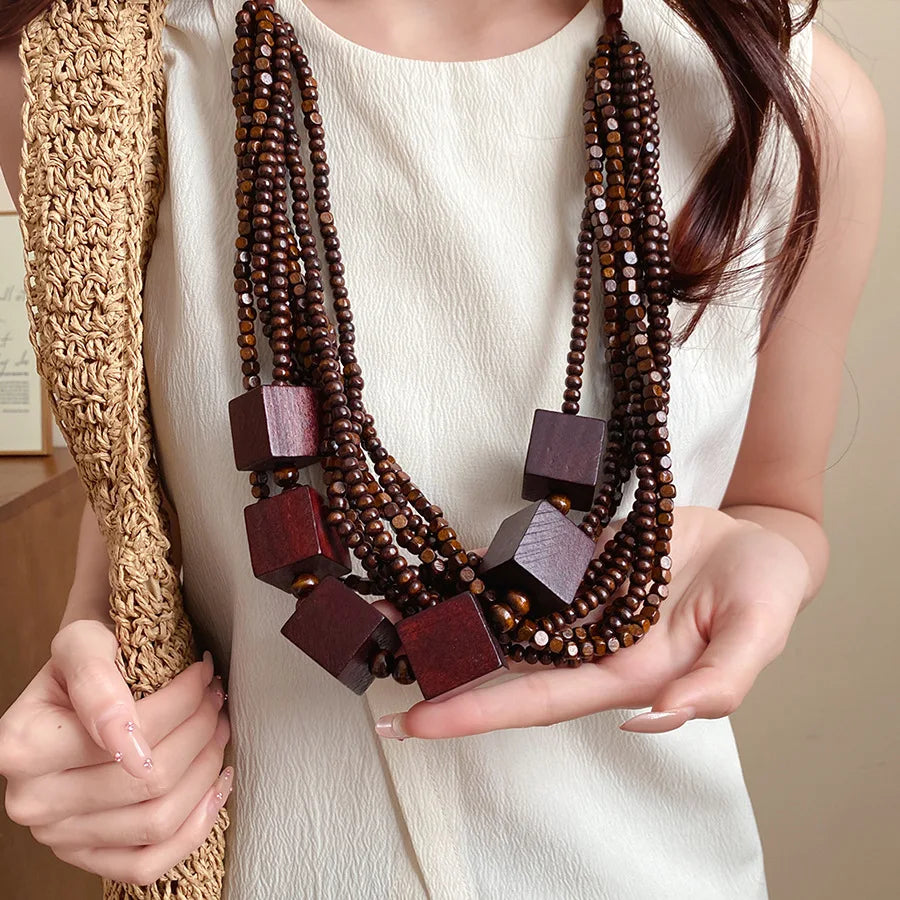 Cubic Wood Bead Multilayer Statement Necklace Jewelry