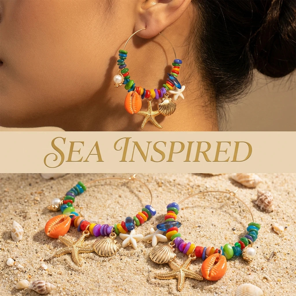 Y2K Starfish, Shell and Irregular Stone Hoop Earrings