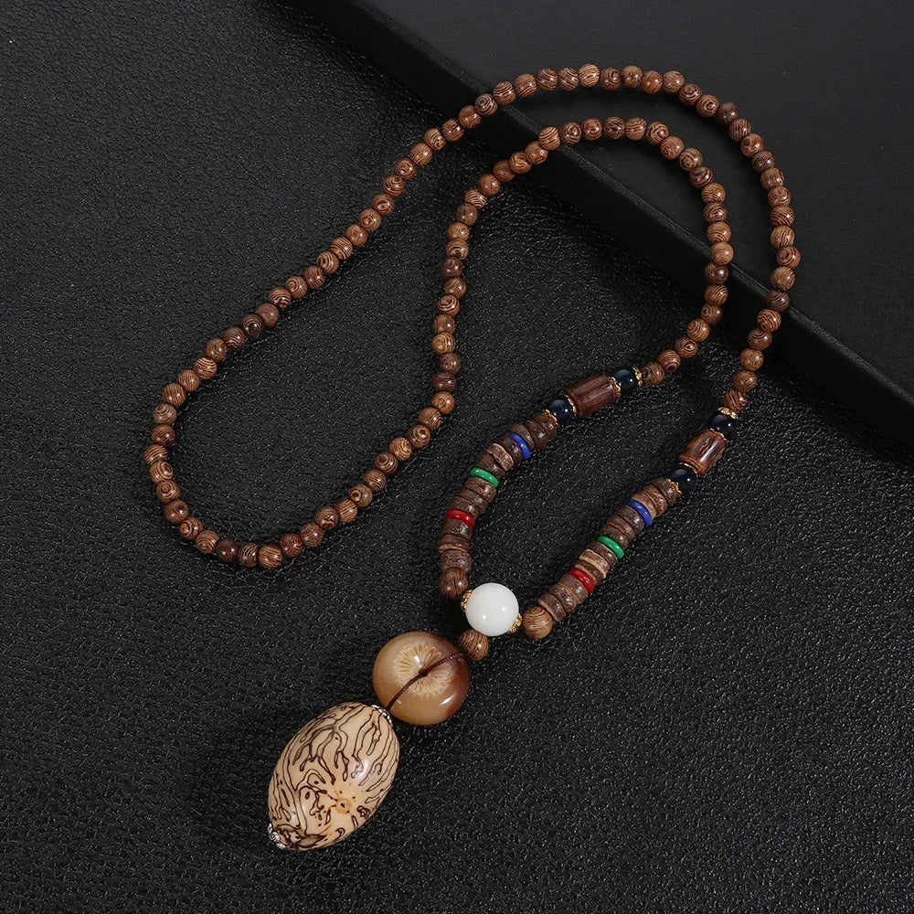 Nepal Wood Bead Mala Pendant Necklace Jewelry