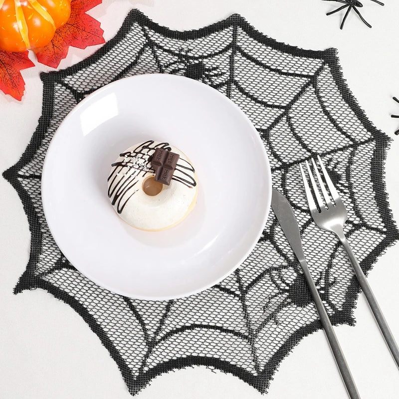Halloween Black Lace Placemat Happy Halloween Party Decorations 2024 For Home Spider Web Tablecloth Kitchen Dining Table Covers - Charlie Dolly