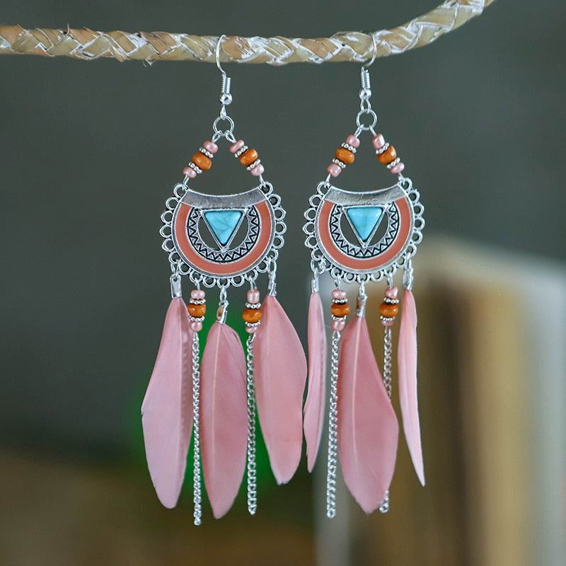 Vintage Bohemian Long Tassel Chain Feather Earrings For Women Boho Geometric Triangle Blue Stone Bead Handmade Wedding Earrings