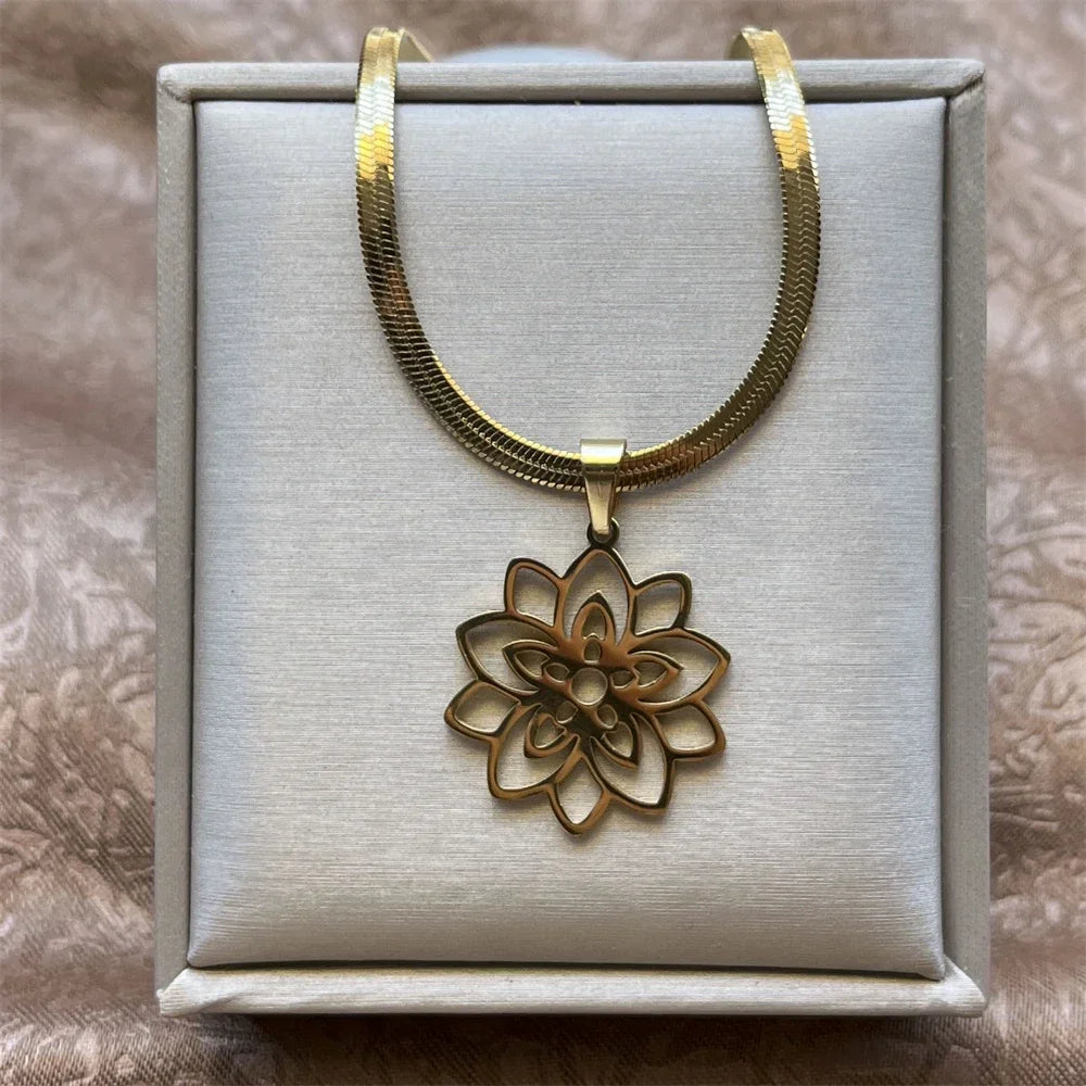 Unalome Lotus Pendant, Stainless Steel Yoga Sacred Path Necklace