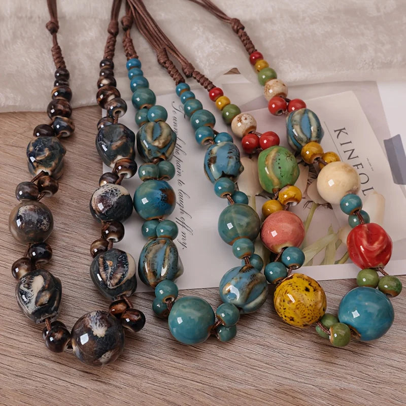 Hand Woven Ceramic Bead Adjustable Necklace Jewelry