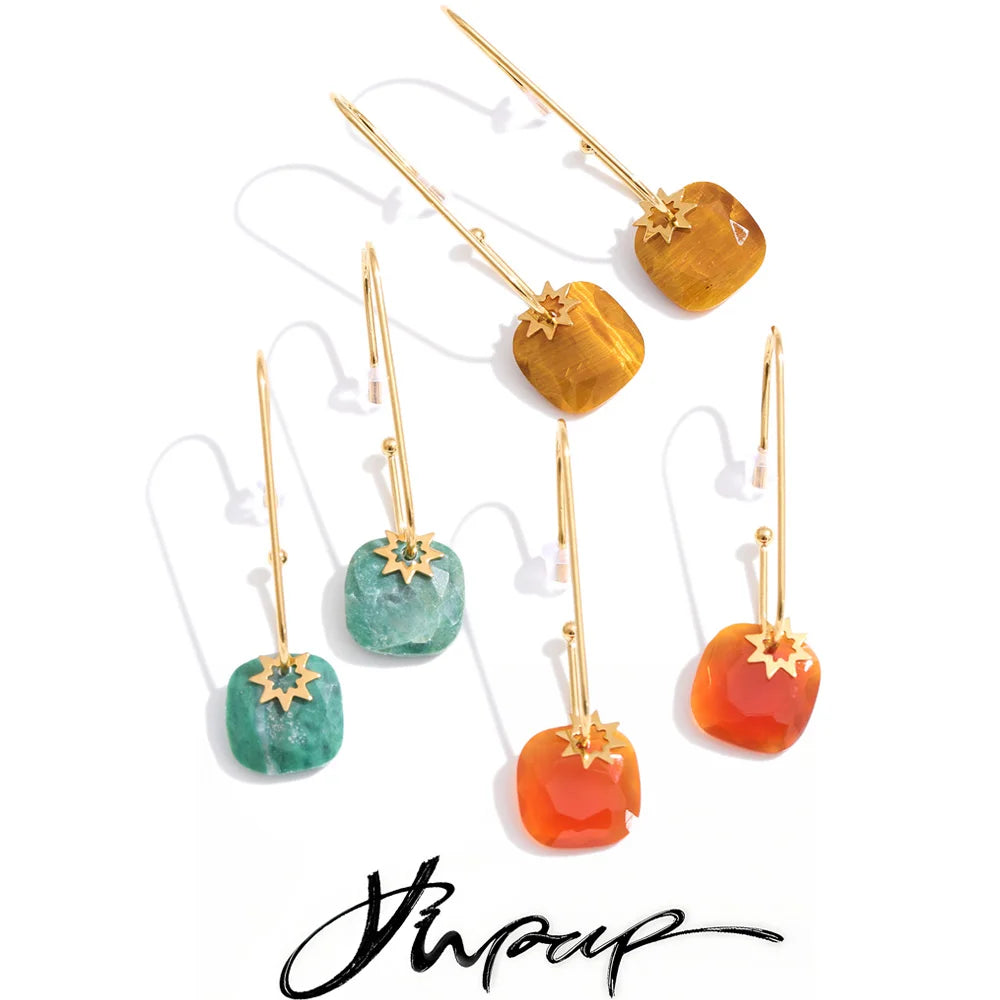 Natural Stone Square Drop Earrings, Tiger Eye Agate 14K Gold Waterproof Stainless Steel Jewelry