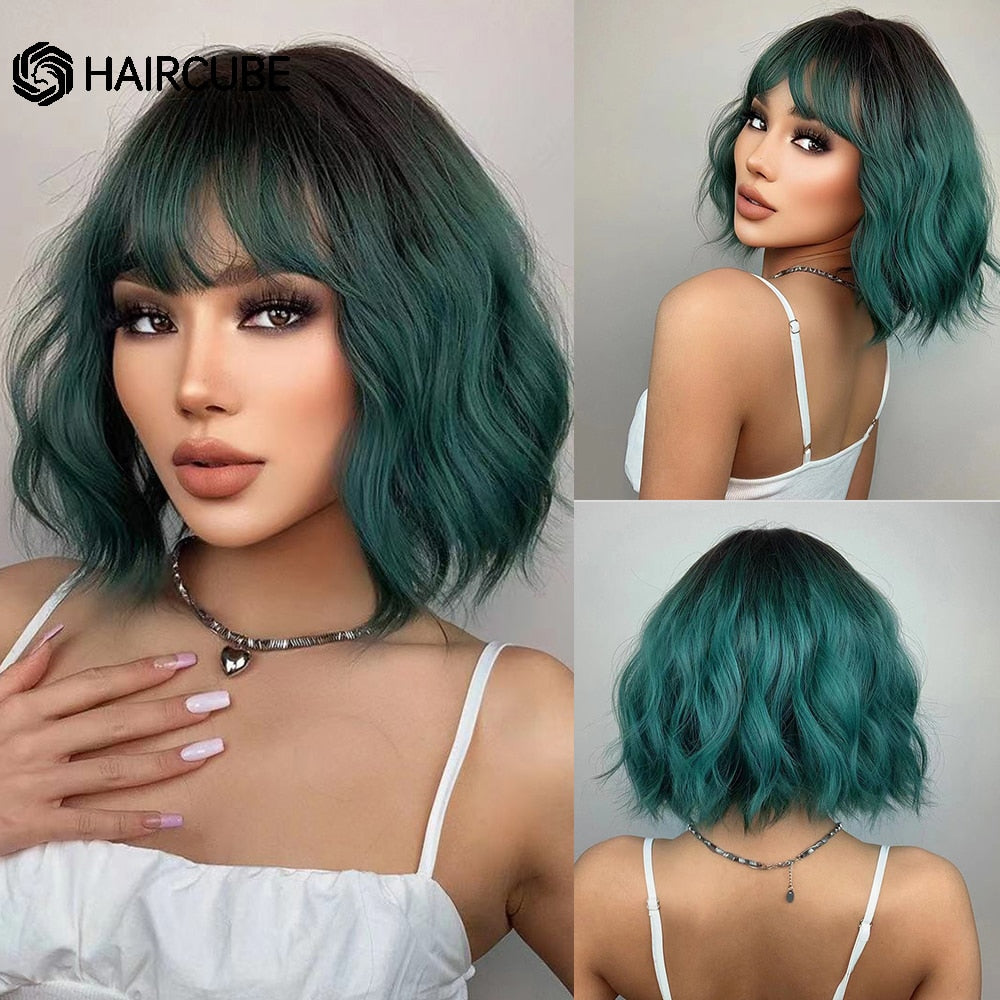 Medium Length Water Wave Synthetic Wigs Cute Pink Wigs With Bangs for Women Cosplay Natural Heat Resistant Bob Lolita Hair