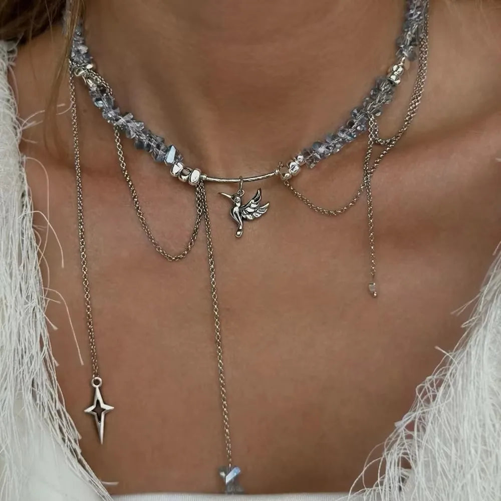 Geometric Crystal Zircon Heart Bead Necklace Jewelry