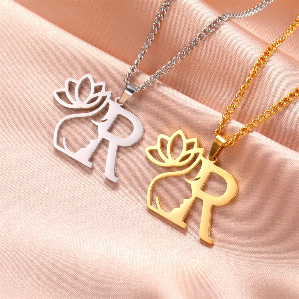 Lotus Flower Initial Letter Pendant, Personalized Stainless Steel Necklace