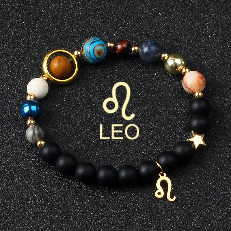 Eight Planets & Twelve Zodiac Beaded Bracelet, Natural Stone Cosmic Astrology Talisman