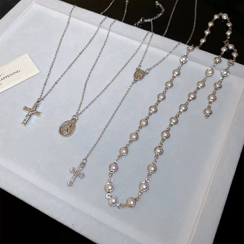 Cross Pendant Pearl Stacked Multilayer Necklace Jewelry